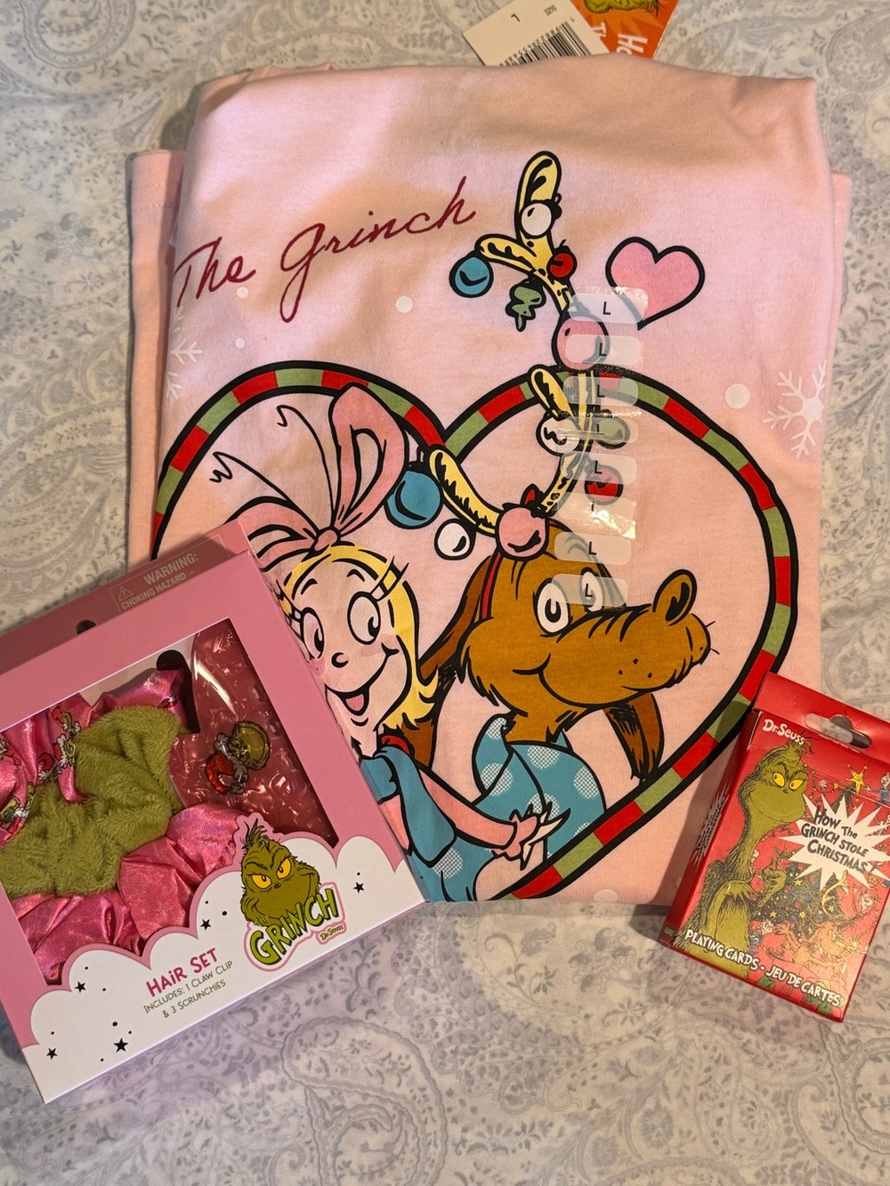 The Grinch Cindy Lou & Max Heart T-Shirt, 4 Piece Hair Set and Playing Cards